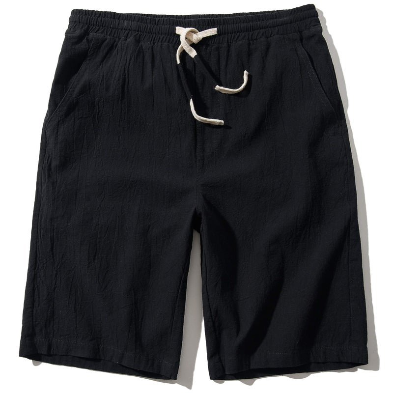 SIR7 Men's Linen Casual Classic Fit 11 Inch Inseam Elastic Waist Shorts with Drawstring Black XX-Large - Image 1